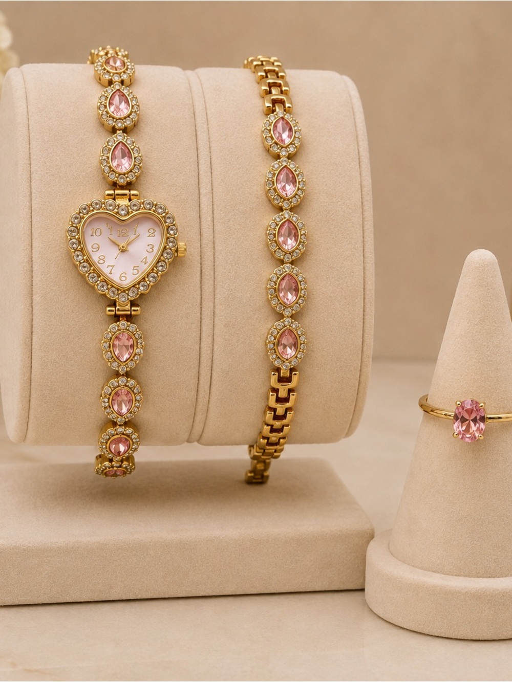 Gold-Tone Heart Watch and Bracelet Set with Pink Stones